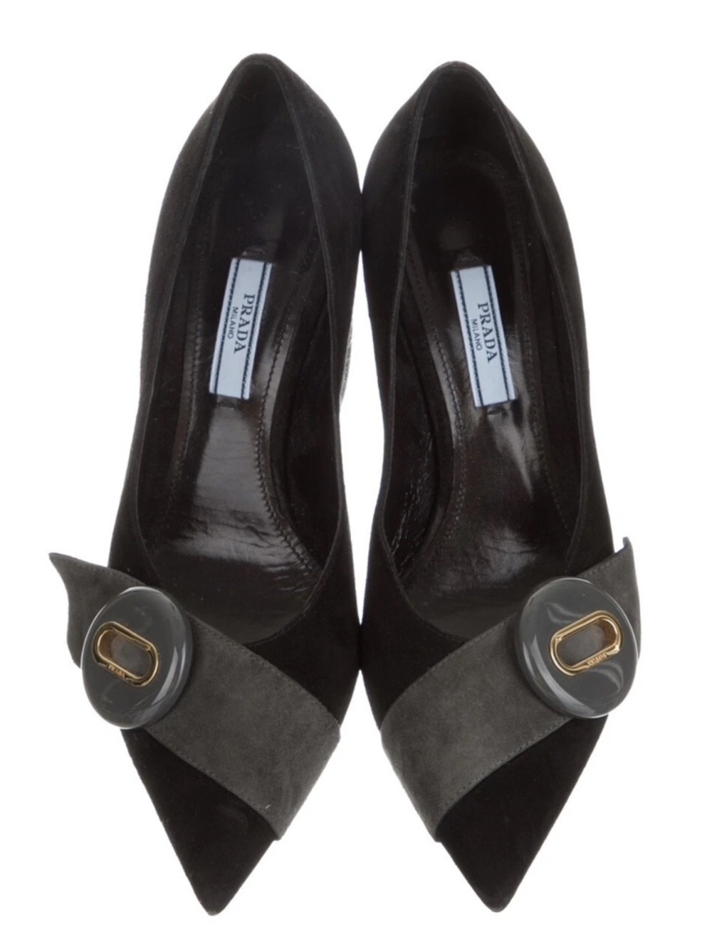 PRADA Block Heel Buckle Black Suede Pumps
